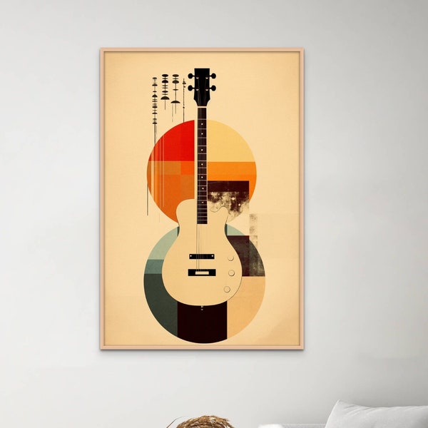 Retro Vintage Guitar with Abstract Circles Art Printable | Instant Download | Nostalgic Wall Decor | Music-inspired Artwork