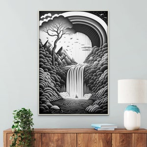 Black and White Rainbow River Landscape Print | Softness River Scene Wall Art | Bohomodern River Rainbow Abstract Digital Download