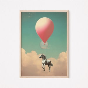 Vintage Retro Horse Balloon Art Printable | Sky-themed Instant Download | Eclectic Printable Wall Decor | Stylish Modern Artwork