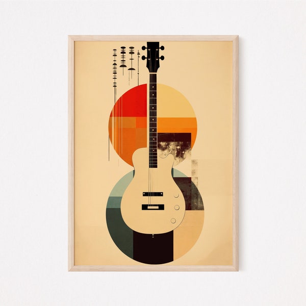 Retro Vintage Guitar with Abstract Circles Art Printable | Eclectic Instant Download | Nostalgic Wall Decor | Music-inspired Artwork |