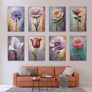 Set of 8 Pastel Flower Printable Downloads with Bold Brush Strokes | Floral Gallery Wall Art Decor | Instant Download Flowers