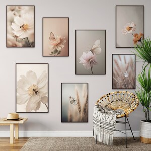Beautiful Set of 7 Butterflies, Bees and Flowers Gallery Prints | Softness Nature Instant Download Art In Muted Colors | Home Decor Prints