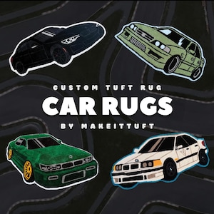 May include: Four custom tuft car rugs in black, green, and white, each depicting a different car model. The text "CUSTOM TUFT RUG CAR RUGS BY MAKEITTUFT" is displayed in white. The rugs are placed on a dark grey background.