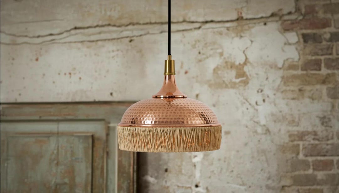 Handcrafted Copper & Raffia Pendant Lamp – Boho Modern Hanging Light ...
