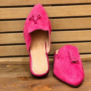 Women&#39;s pink leather mules, women&#39;s suede mules, Moroccan velour babouche, high-end leather babouche for her, and women&#39;s leather chaussons