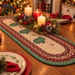 May include: An oval braided table runner featuring a cream-colored center with a repeating pattern of green mittens and small stars, bordered by concentric rings of braided fabric in shades of red, green, and black, displayed on a wooden table.