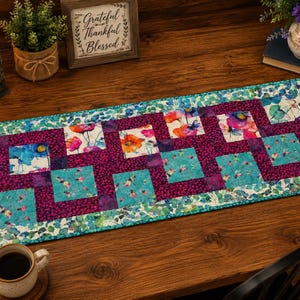 Handmade Floral Quilted Table Runner | Colorful Wildflower Table Decor | Purple & Teal Patchwork Runner | Cottage Home Décor