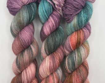 Where Shadows Bloom – Hand-Dyed Yarn | Twilight Garden Colorway | Plum, Teal, Moss & Russet | Arcane Fibre Works