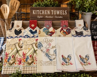 Farmhouse Rooster Hanging Kitchen Towel | Rustic Chicken Kitchen Decor | Handmade Button Top Tea Towel | Country Farmhouse Gift