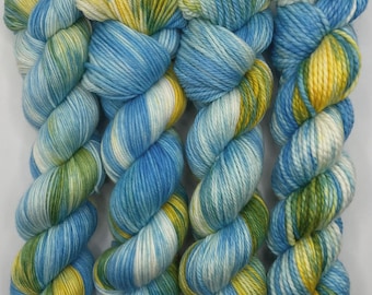 Starry Nights – Hand-Dyed Yarn | Swirling Midnight Sky Colorway | Blue, Gold & Meadow Green - Chunky Weight