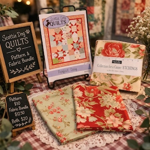 May include: A display of quilting supplies, including a pattern and fabric bundle. The pattern is titled "Perfect Day" and features a colorful star quilt design. Fabric bundles with floral patterns in red and green are also shown.