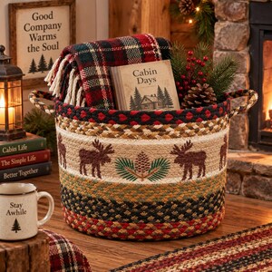 Moose & Pinecone Utility Basket | Hand Stenciled Braided Jute Basket | Rustic Cabin Storage Basket | Lodge and Woodland Decor