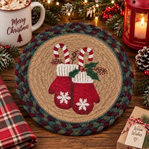 May include: A round braided table mat featuring a tan center with a design of two red mittens, white snowflakes, candy canes, and green holly leaves. The border consists of braided fabric in shades of dark green, red, and tan, creating a festive look.