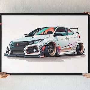 May include: A white Honda Civic Type R with black and red accents, a large rear wing, and a stylised illustration style. The car is on a white background.