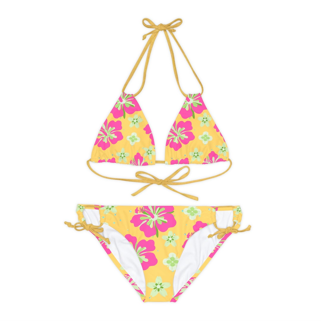 Hawaiian Hibiscus Strappy Bikini Set Yellow Bathing Suit Pink Hibiscus ...