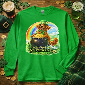 St. Patrick's Day Dog Long Sleeve T-Shirt | Irish Setter Pot of Gold Rainbow Tee