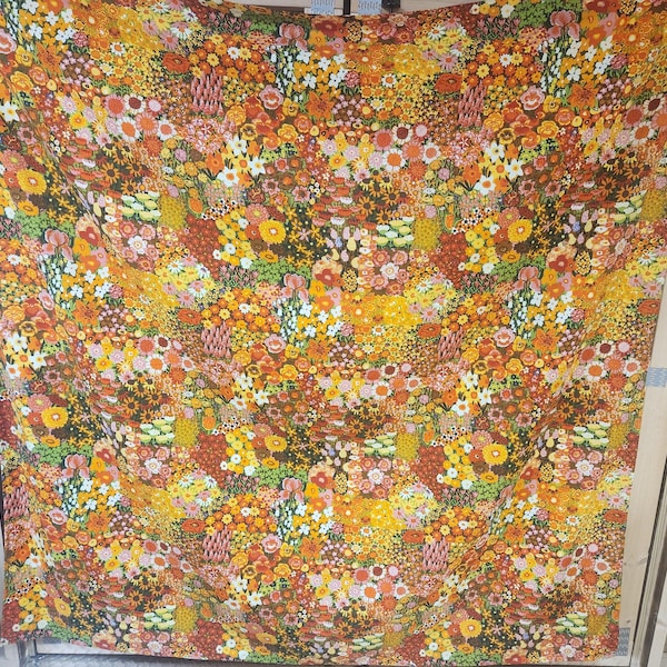 GORGEOUS 1960s Vintage Floral Pattern Handmade Curtain 68" Wide 70" length Daisies, Zinnias,Sunflowers