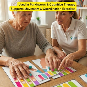 May include: An older adult and a healthcare professional are working together at a table. They are using colorful cards with finger and hand illustrations. Text on the image reads: "Used in Parkinson's & Cognitive Therapy Supports Movement & Coordination Exercises."