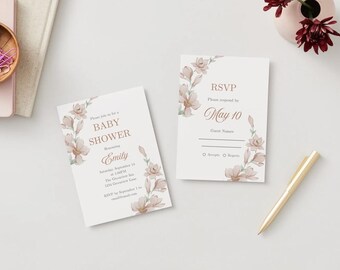 Editable Baby Shower Invitation & RSVP Bundle | Canva Templates | Boho Floral Design | Neutral Gender Digital Download