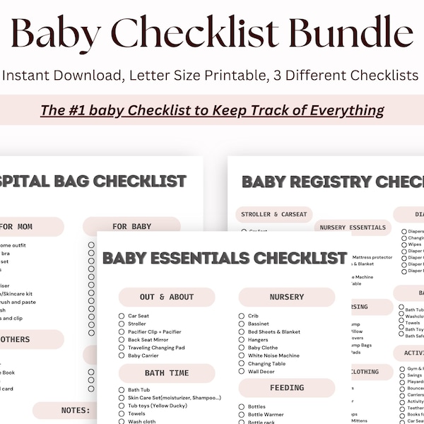 Printable Baby Checklist Bundle, Hospital Bag Checklist, Baby Registry Checklist, Pregnancy Planner, Maternity Essentials List