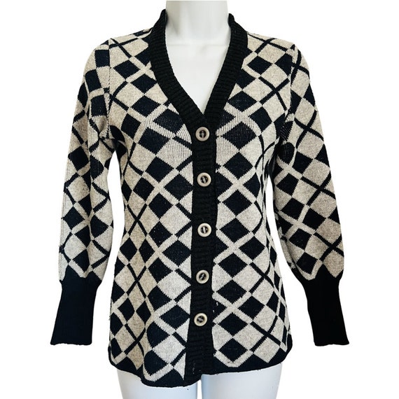 Vintage 70s Diamond Checkerboard Argyle Black White Cardigan Sweater Size S - Etsy Vintage 70s Diamond Checkerboard Argyle Black White Cardigan Sweater Size S - Etsy