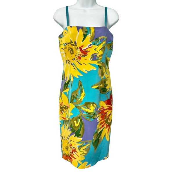 David Meister Yellow Blue Purple Sunflowers Floral Sheath Sleeveless Dress sz 4