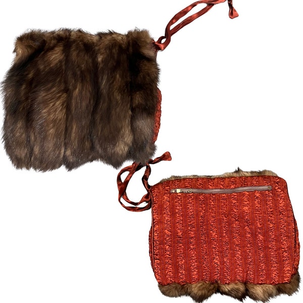 Vintage 30s 40s Ruched Silk Mink Fur Hand Warmer Muff Pouch Built In Purse Red