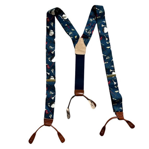 Vintage 80s Golf Silk Suspenders Brooks Brothers Navy Blue Brown Leather  Brass 