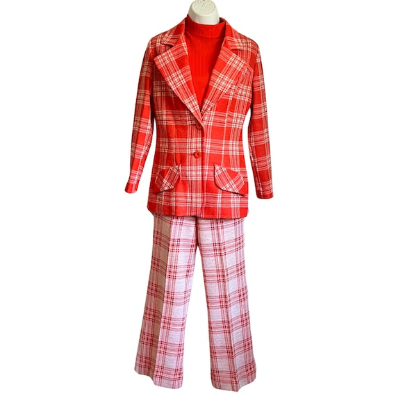 Vintage 70s Orange White Plaid 3-Piece Pantsuit L… - image 1