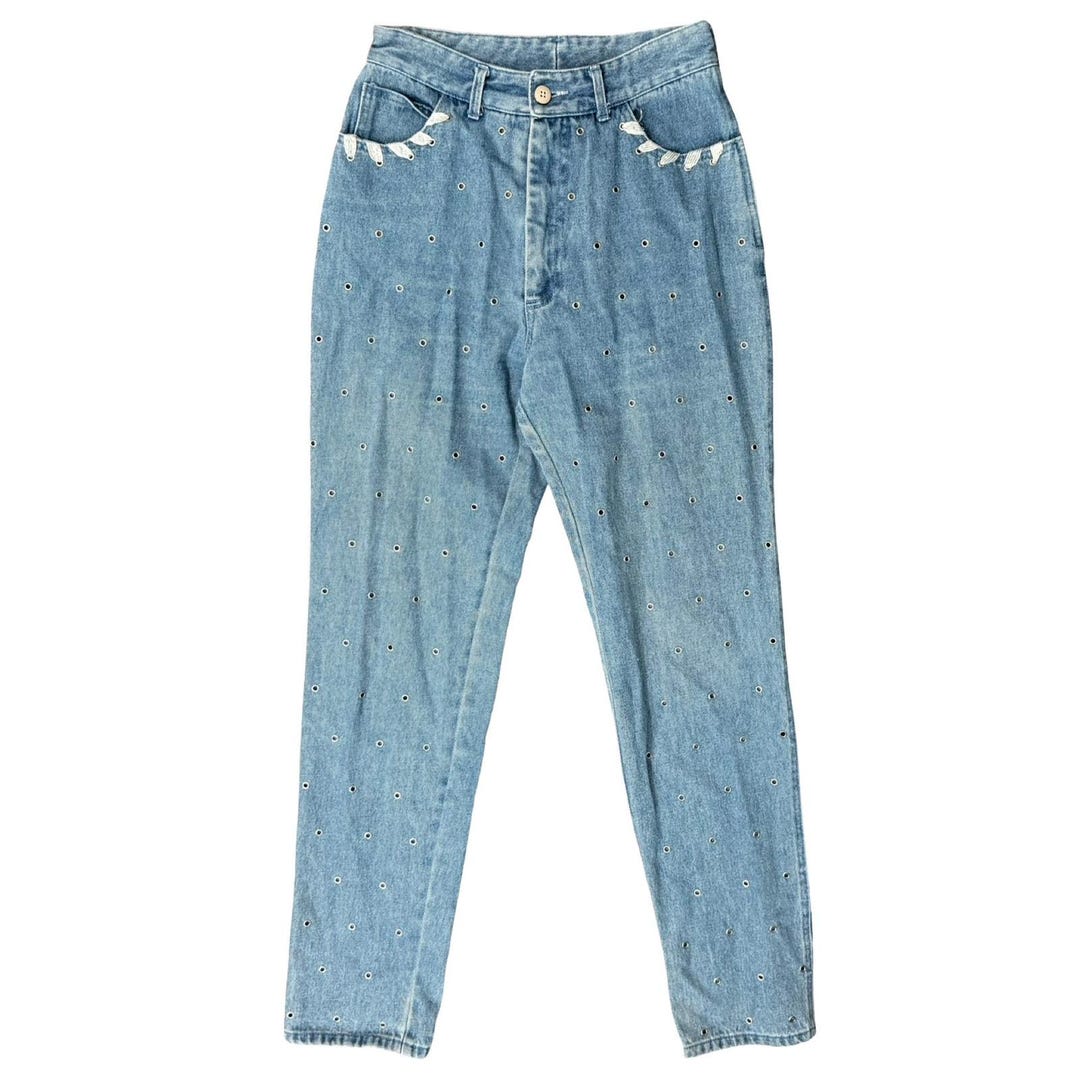 Vintage 90s Grommet Silver Ribbon Light Wash Blue High Rise Mom Jeans ...