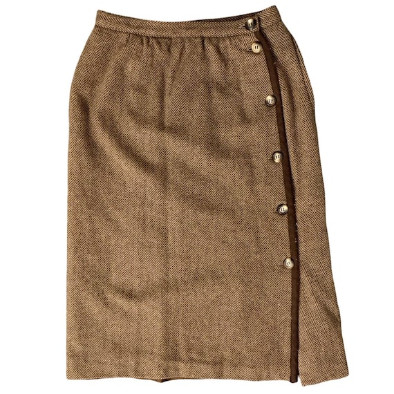 Valentino Boutique / Miss V, Vintage Valentino Miss V Brown Tan Herringbone Wool Cashmere Midi Skirt Size S