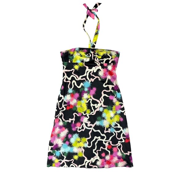 trina turk halter dress Y2K Abstract Black Pink Green Neon Silk Satin Size 8 Mini dress