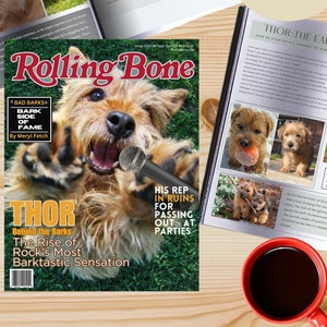 May include: A magazine cover template featuring a dog with a microphone in its mouth. The magazine is titled "Rolling Bone" and features the text "Thor: Behind the Barks" and "The Rise of Rocks Most Barktastic Sensation". The magazine cover is a customizable template for dog lovers.