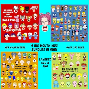 May include: A digital art bundle featuring various cartoon character designs for mugs. The image includes text that reads "20 Brand New Mouth Mug Designs! SVG & PNG", "New Characters", "4 Big Mouth Mug Bundles in One!", and "Over 350 Files".