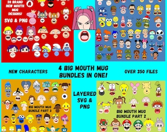 New 2026 350 Huge Big Mouth mug bottom Templates face Sublimation cup Cartoon Character bundle,smile teeth Funny Viral mugs SVG PNG clip art