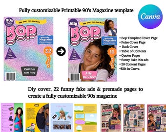 90s Magazine pages and Cover Template, back to school, THIRTY, FLIRTY & THRIVING parody retro 80s nineties custom printable, edit in Canva