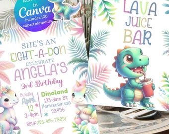 Ultimate Pastel Dinosaur Birthday bundle, Signs, Invitation Girl Boy digital Canva Editable Cute Dino Pink Template Printable clipart