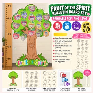 Op de afbeelding: Een Fruit of the Spirit prikbordset met een grote boom en fruitvormige uitsneden met tekst, printbaar als PDF, PNG en SVG. De set bevat een boom, fruit met citaten en lege omtrekken om zelf in te vullen.