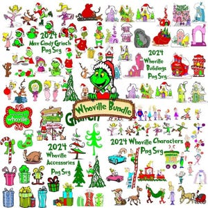 Könnte beinhalten: Eine Sammlung digitaler Grafiken mit Charakteren, Gebäuden und Zubehör aus Whoville, einschließlich des Grinch. Die Grafiken sind in verschiedenen Farben und Stilen gehalten, ideal für Projekte zum Thema Feiertage. Text enthält "Whoville Bundle" und "2024".