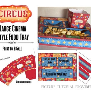 Printable Circus Concession stand box, carnival party popcorn tray, drink tray , PDF, watercolor circus theme template, big top, clown decor