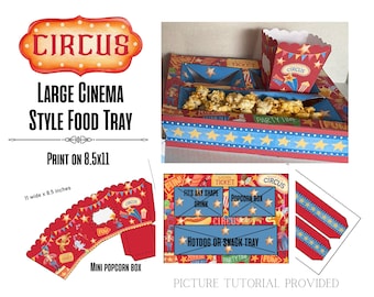 Printable Circus Concession stand box, carnival party popcorn tray, drink tray , PDF, watercolor circus theme template, big top, clown decor