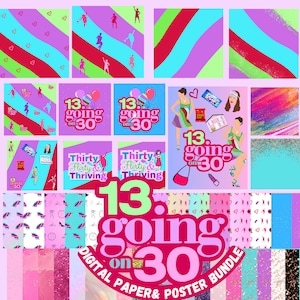 13 indo para 30 Tema de festa, svg Png papel digital, arte da revista Poise & Sparkle, pôsteres de fundos DIY para decoração de festa, aniversário de 30 anos