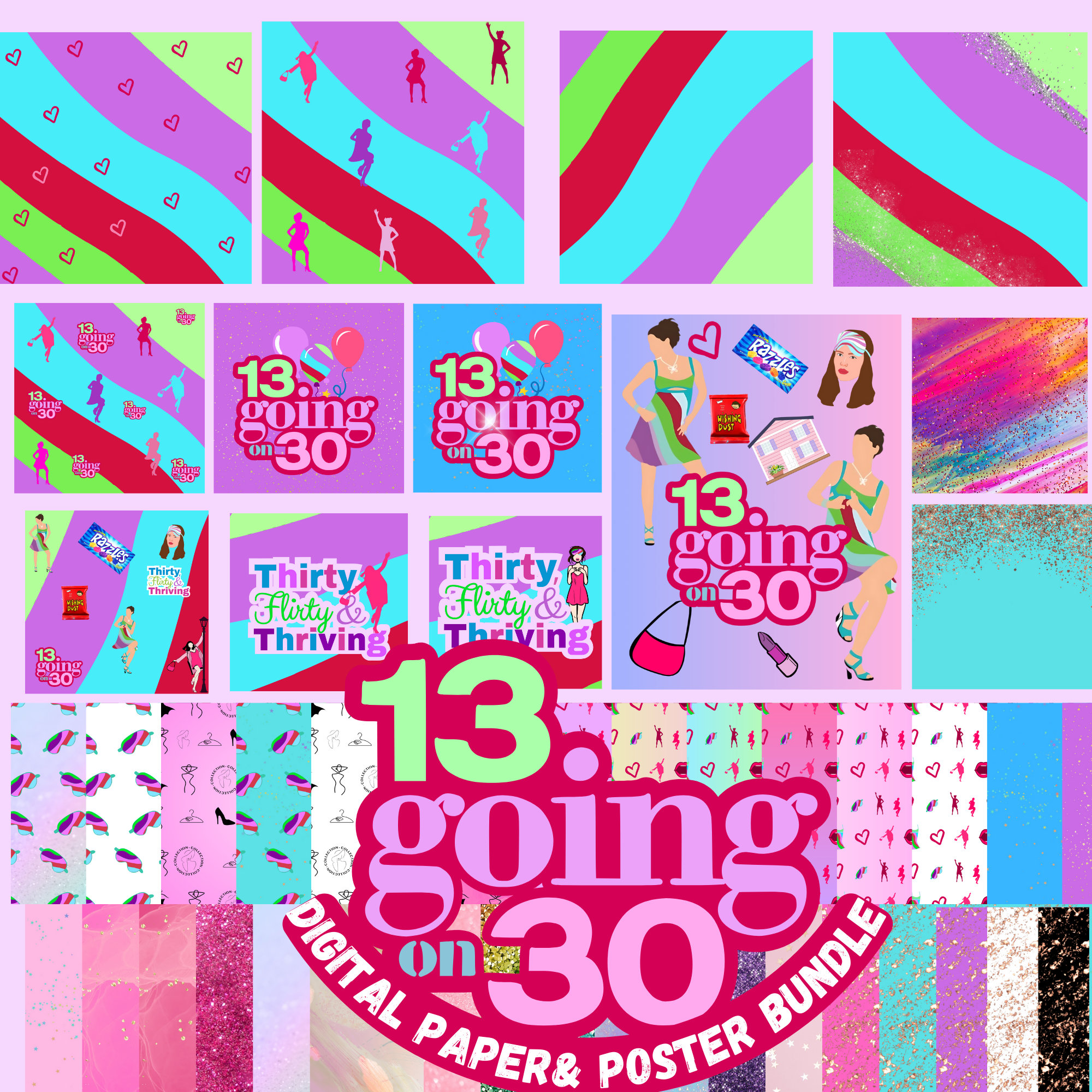13 Going on 30 Party Theme, Svg Png Digital Paper , Poise & Sparkle