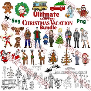 May include: A digital download bundle of 20 SVG and PNG images featuring characters and scenes from the movie National Lampoon's Christmas Vacation. The images include Clark Griswold, the family dog, the Christmas tree, and the family's station wagon.