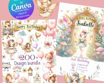 200 Ultimate Pastel baby Fairy Birthday bundle, Signs, Invitation Girl Boy digital Canva Editable Cute Pink  magic fairies Printable clipart