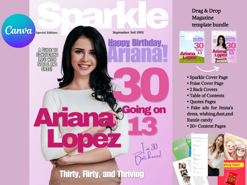13 going on 30 Party Theme, Poise, Sparkle Magazines and Covers Template, back to school, THIRTY, FLIRTY & THRIVING parody Magazine Cover, image 4