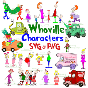 Fête fantaisiste, lot de personnages svg png, panneau de bienvenue, ville de Noël, enseigne de la maison Cindy lou, voleur de père Noël de Noël, lot de films