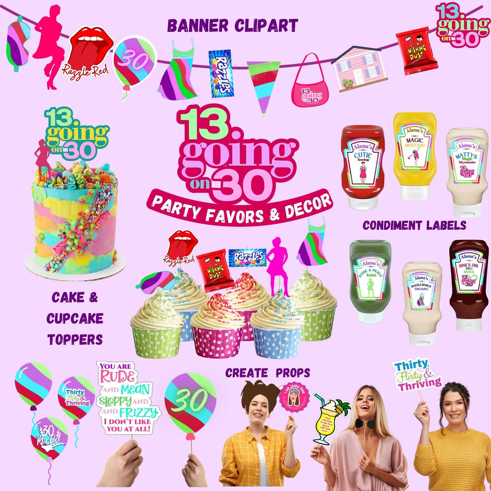 13 Going on 30 Party Bundle, Printable Cake Toppers ,poise & Sparkle