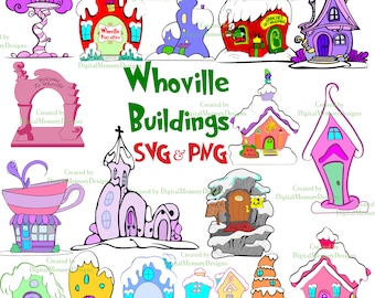 Whimsical Buildings bundle, shops  , Christmas town, characters,   cindy lou house, svg png , gift wrap shop , yard decorations