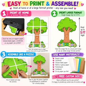 Op de afbeelding: Een digitale instructieafbeelding met de titel EASY TO PRINT & ASSEMBLE! toont een cartoonboom met het label Fruit of the Spirit. Het illustreert drie stappen: thuis in secties printen, een groot formaat van 5 voet printen en de stukken als een puzzel in elkaar zetten.